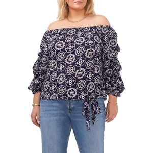 VINCE CAMUTO Womens Navy Tie Ruched 3/4 Bubble Sleeves Off Shoulder Top XL